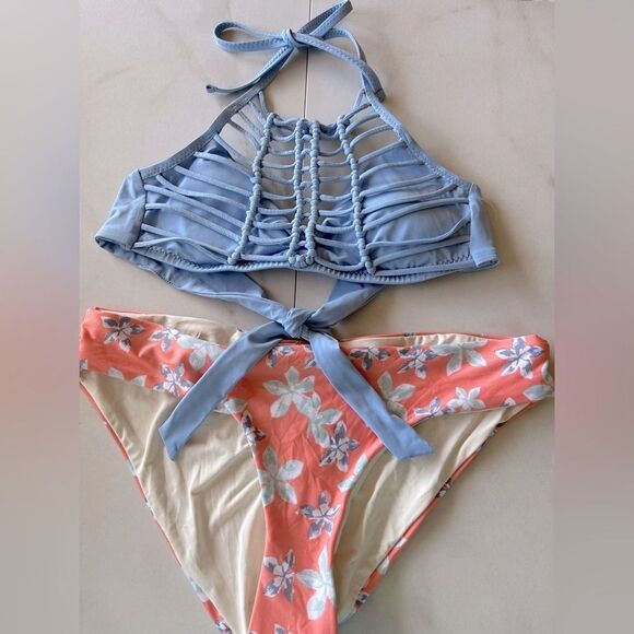 New BECCA knot tie braided halter top pink floral ruched bottom bikini set - Picture 1 of 5